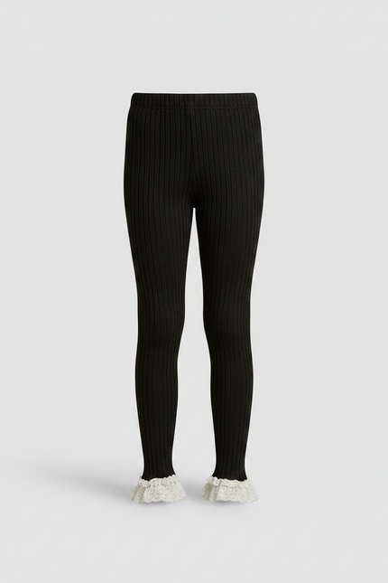 Pantalon Noir Côtelé Dentelle Volants Fille Confortable - Maille - vue 3