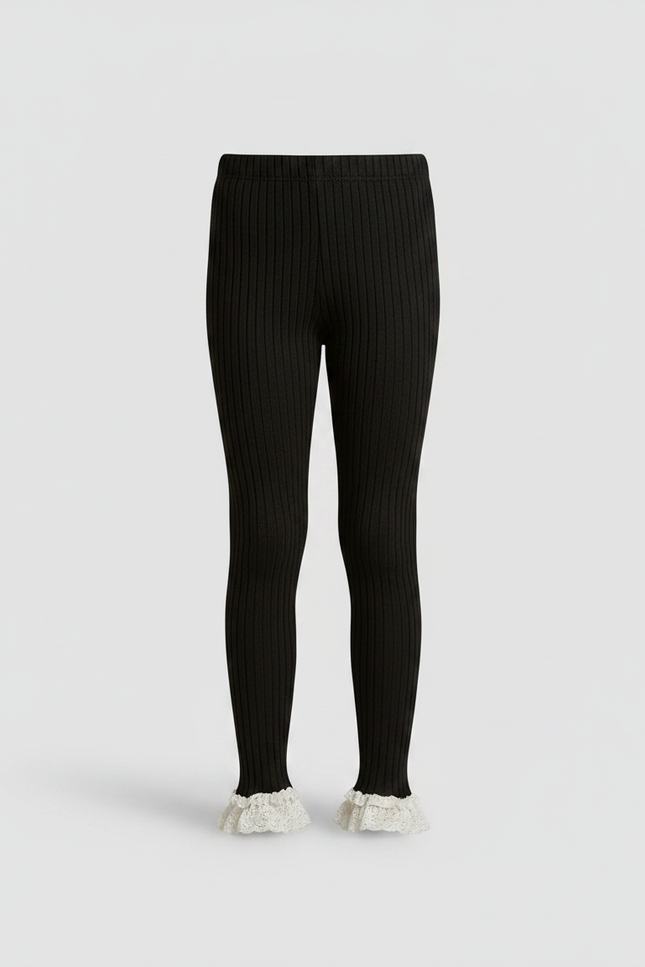 Pantalon Noir Côtelé Dentelle Volants Fille Confortable - Maille - vue 3