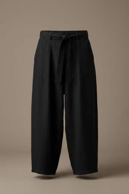 Pantalon Noir Lin Ample Cordon Décontracté - vue 3