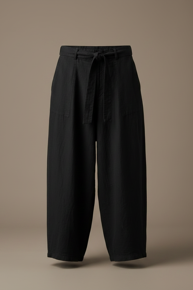 Pantalon Noir Lin Ample Cordon Décontracté - vue 3