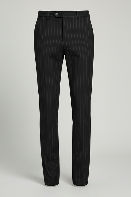 Pantalon Noir Laine Rayé Droit Élégant Homme - vue 3