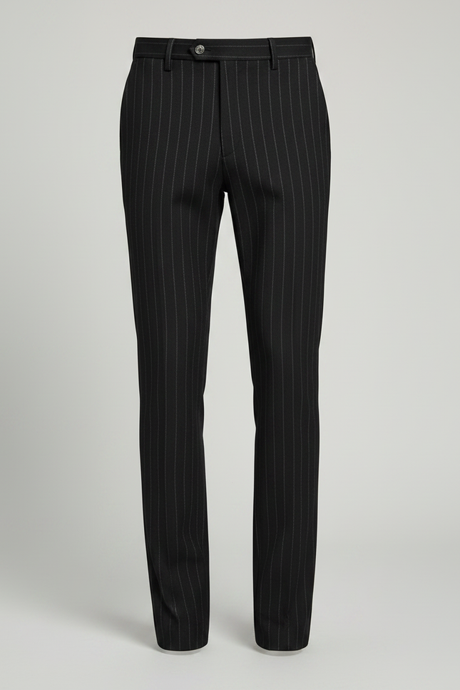 Pantalon Noir Laine Rayé Droit Élégant Homme - vue 3