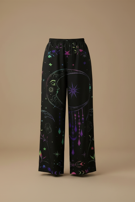 Pantalon Noir Ample Imprimé Lune Étoiles Bohème - Polyester - vue 3