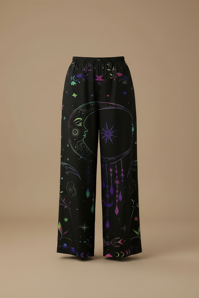 Pantalon Noir Ample Imprimé Lune Étoiles Bohème - Polyester - vue 3