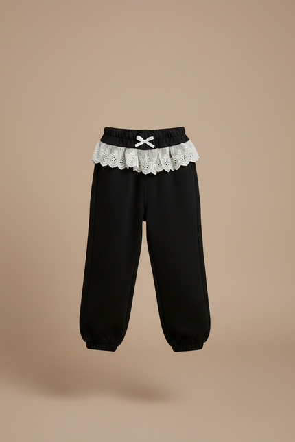 Pantalon Noir Ample Dentelle Crème Nœud Fille - Molleton - vue 3