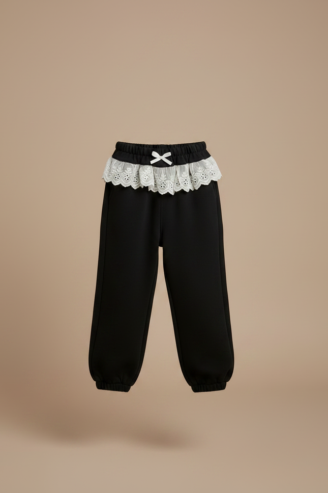 Pantalon Noir Ample Dentelle Crème Nœud Fille - Molleton - vue 3