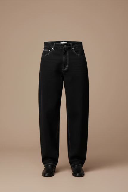 Pantalon Noir Large Décontracté Coutures Contrastées Homme - Jean - vue 3