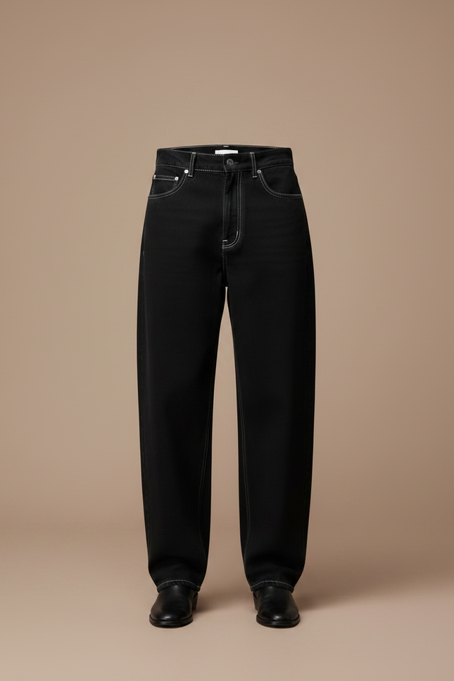 Pantalon Noir Large Décontracté Coutures Contrastées Homme - Jean - vue 3