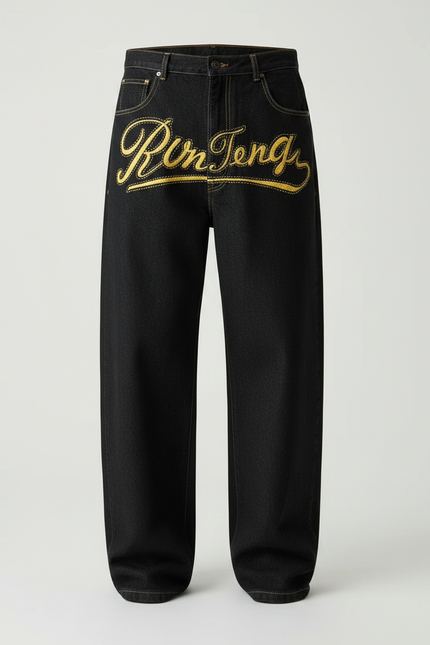 Pantalon Noir Brodé Ample Décontracté Homme - Jean - vue 3