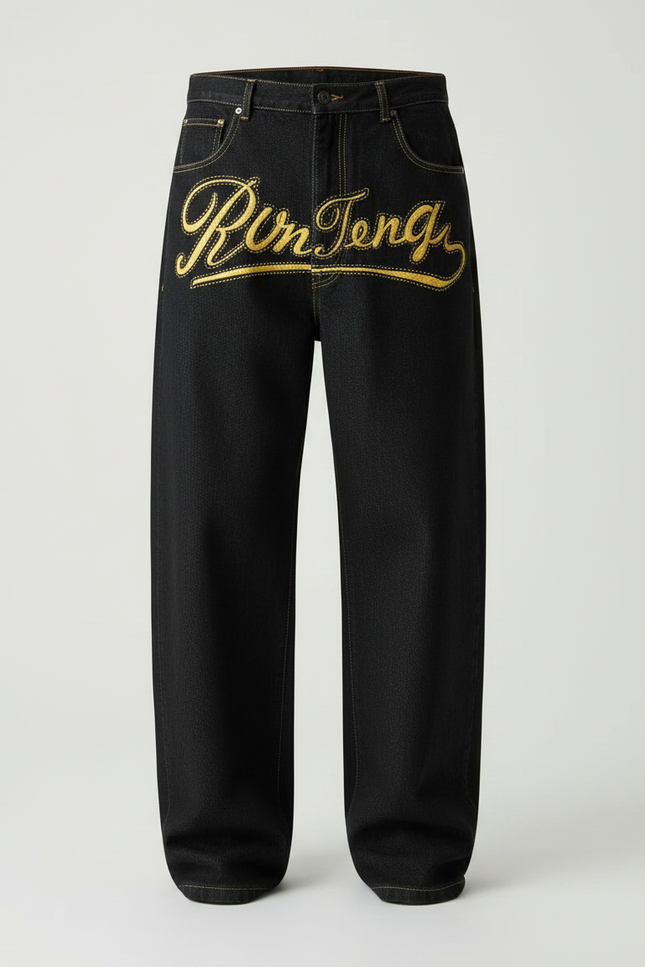 Pantalon Noir Brodé Ample Décontracté Homme - Jean - vue 3