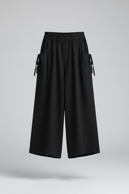 Pantalon Noir Ample Lin Coton Décontracté Femme - vue 3