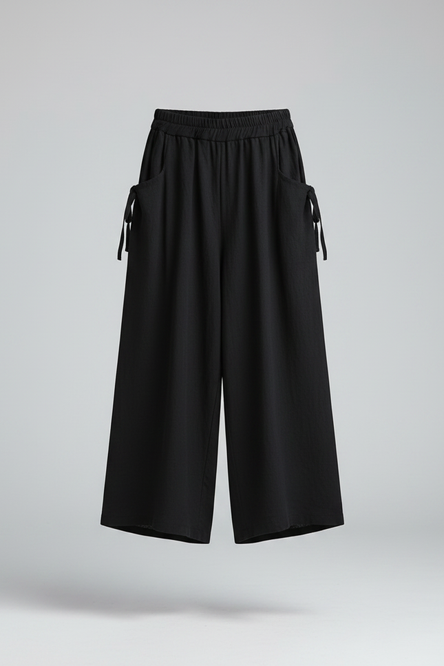 Pantalon Noir Ample Lin Coton Décontracté Femme - vue 3