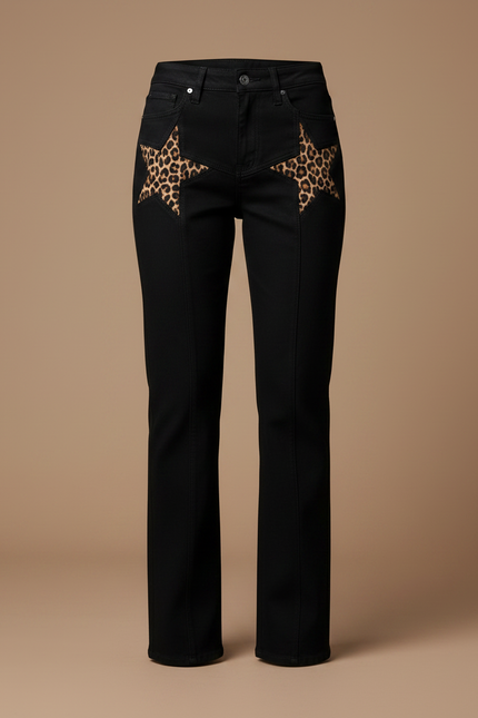 Pantalon Noir Jean Étoiles Léopard Droite Femme - vue 3