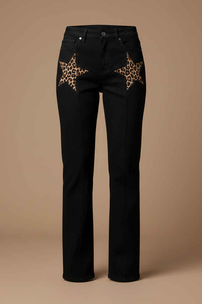 Pantalon Noir Jean Étoiles Léopard Droite Femme - vue 3