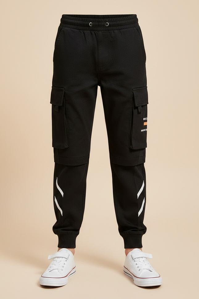 Pantalon Noir Cargo Coton Poches Garçon Streetwear - vue 3