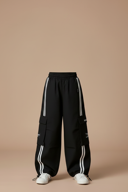 Pantalon Noir Cargo Ample Rayures Enfant - Toile - vue 3