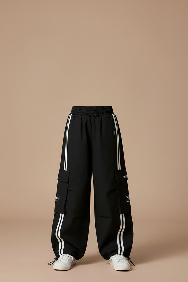Pantalon Noir Cargo Ample Rayures Enfant - Toile - vue 3