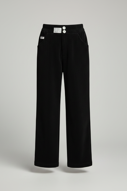 Pantalon Noir Côtelé Ample Décontracté Enfant Boutons - Cordé - vue 3