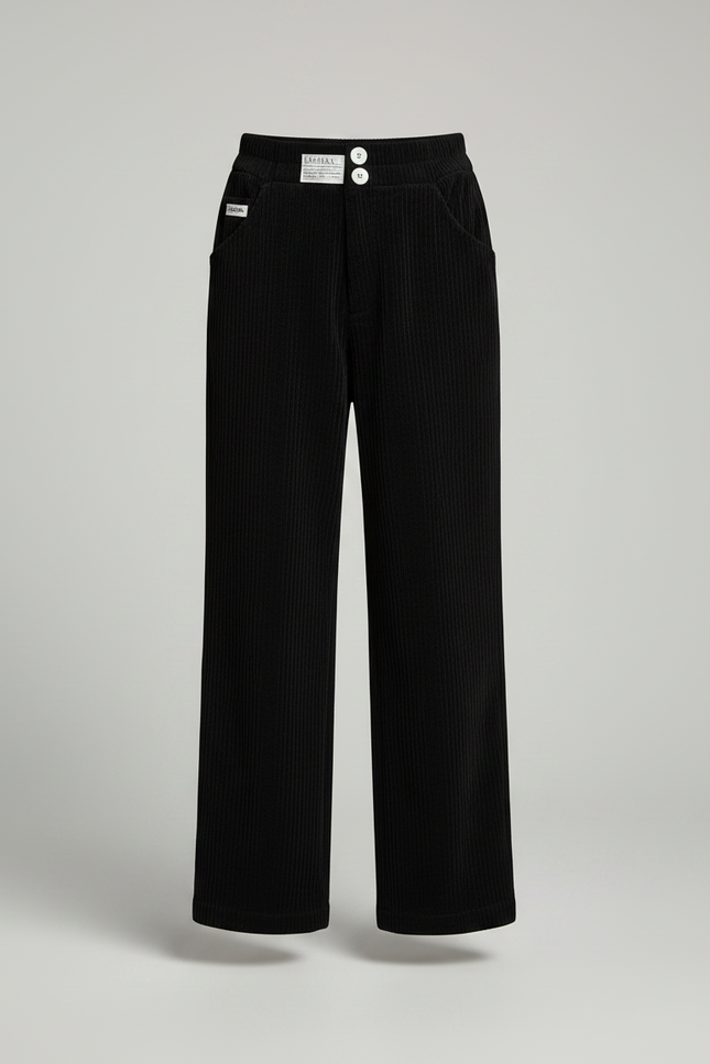 Pantalon Noir Côtelé Ample Décontracté Enfant Boutons - Cordé - vue 3