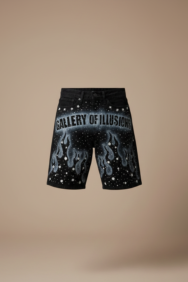 Pantalon Noir Court Imprimé Flammes Décoré Strass Homme - Jean - vue 3