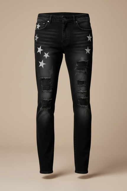 Pantalon Noir Étoiles Argentées Jean Ripped Homme - vue 3
