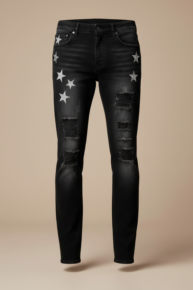 Pantalon Noir Étoiles Argentées Jean Ripped Homme - vue 3