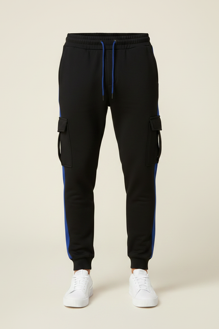 Pantalon Noir Cargo Jogging Sportif Rayure Bleu - Molleton - vue 3
