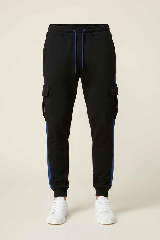Pantalon Noir Cargo Jogging Sportif Rayure Bleu - Molleton - vue 3