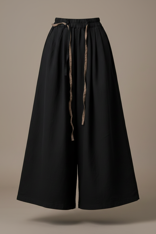 Pantalon Noir Ample Coton Lin Vintage Décontracté - vue 3