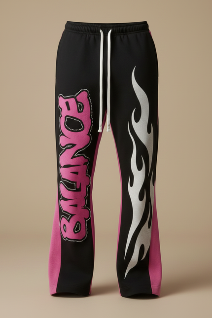 Pantalon Noir Évasé Imprimé Flammes Streetwear Hip Hop - Molleton - vue 3