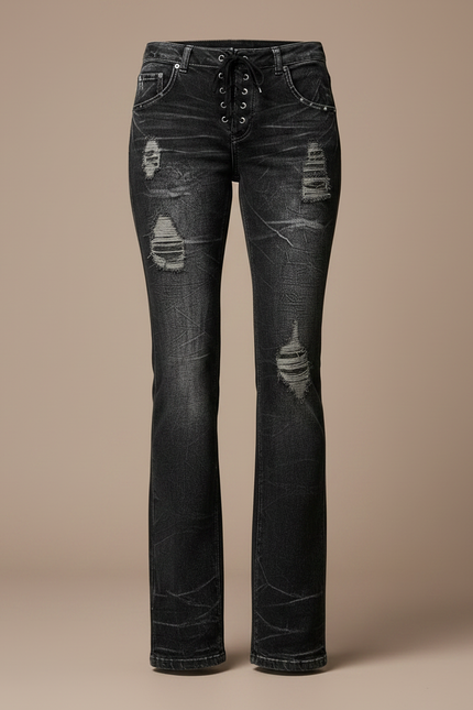 Pantalon Noir Distressed Lacets Évasé Femme - Jean - vue 3