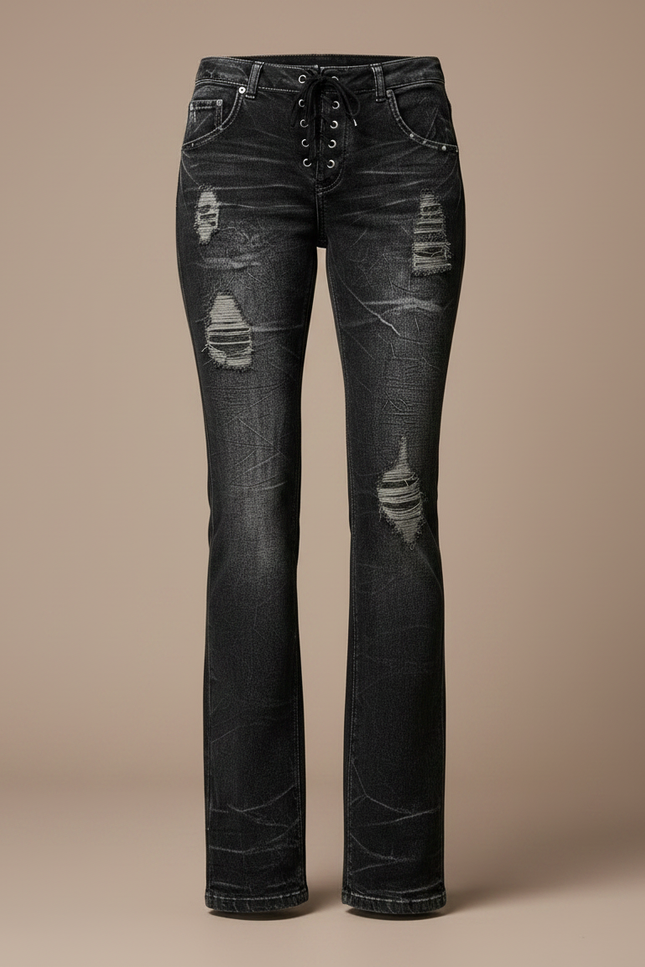 Pantalon Noir Distressed Lacets Évasé Femme - Jean - vue 3
