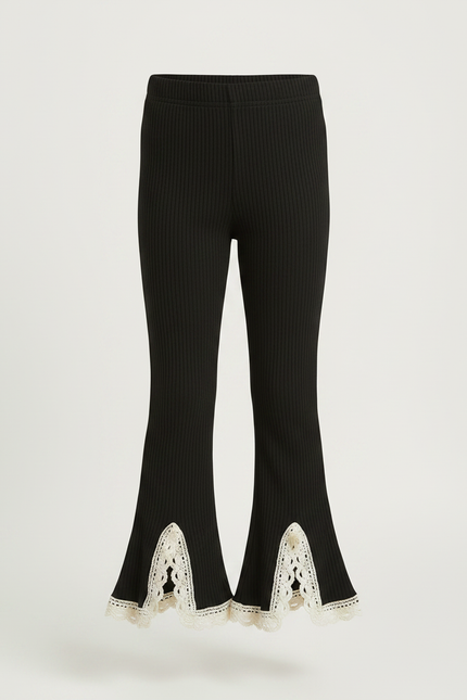 Pantalon Noir Évasé Côtelé Dentelle Crème Fille - Maille - vue 3