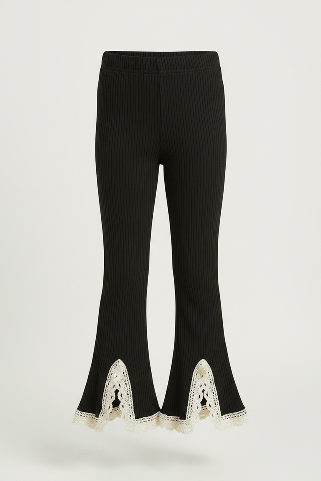 Pantalon Noir Évasé Côtelé Dentelle Crème Fille - Maille - vue 3