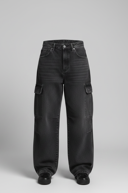 Pantalon Noir Ample Cargo Délavé Streetwear Femme - Jean - vue 3