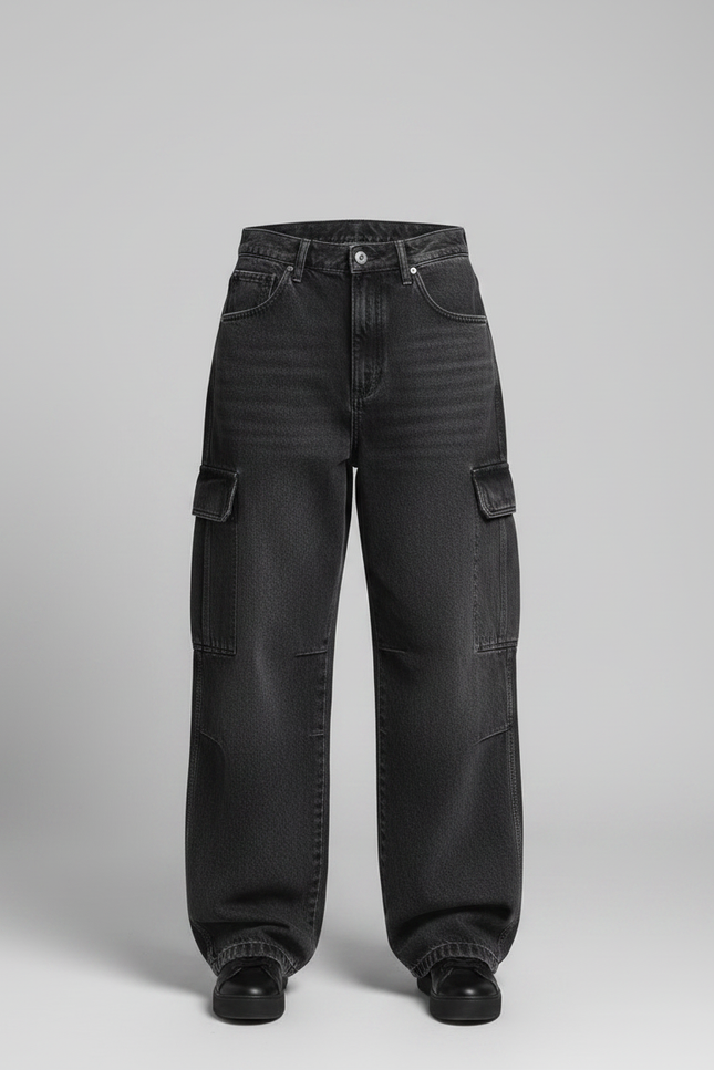 Pantalon Noir Ample Cargo Délavé Streetwear Femme - Jean - vue 3