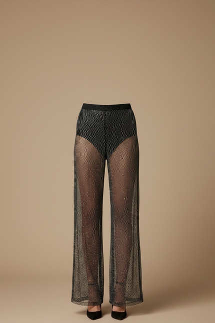 Pantalon Noir Transparent Strass Paillettes Large Femme - Maille - vue 3
