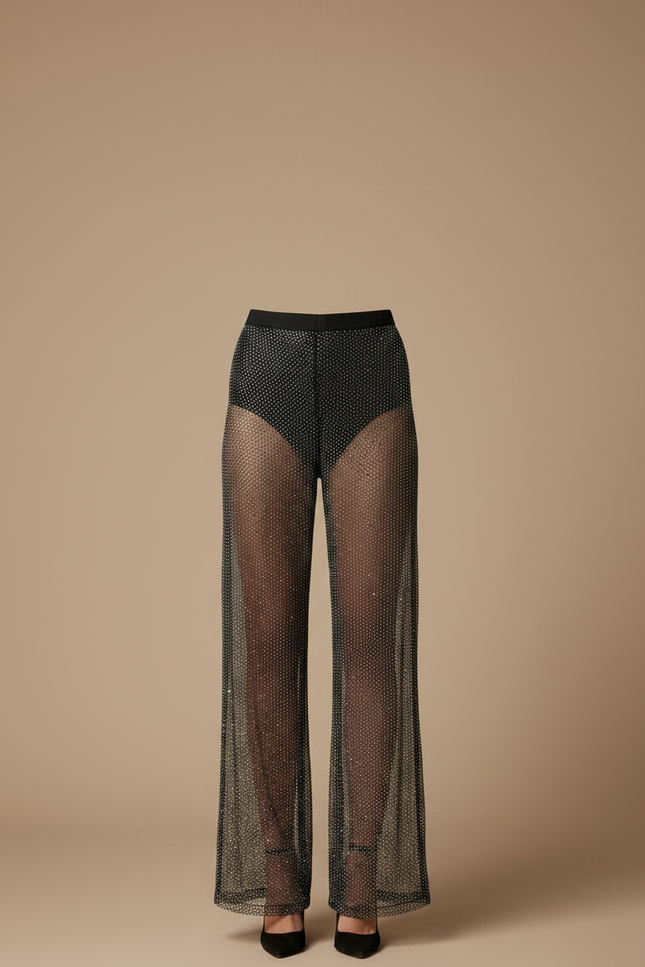 Pantalon Noir Transparent Strass Paillettes Large Femme - Maille - vue 3