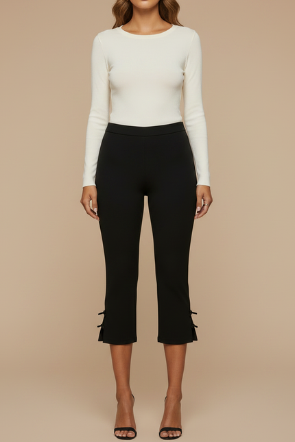 Pantalon Noir Capri Slim Fendu Nœuds Femme - Maille - vue 3
