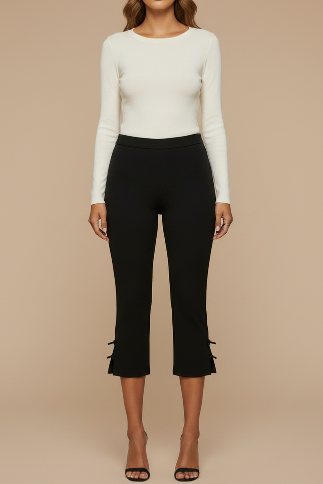 Pantalon Noir Capri Slim Fendu Nœuds Femme - Maille - vue 3
