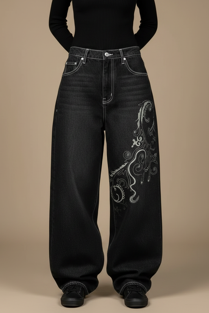 Pantalon Noir Ample Denim Brodé Tribal Femme - Jean - vue 3