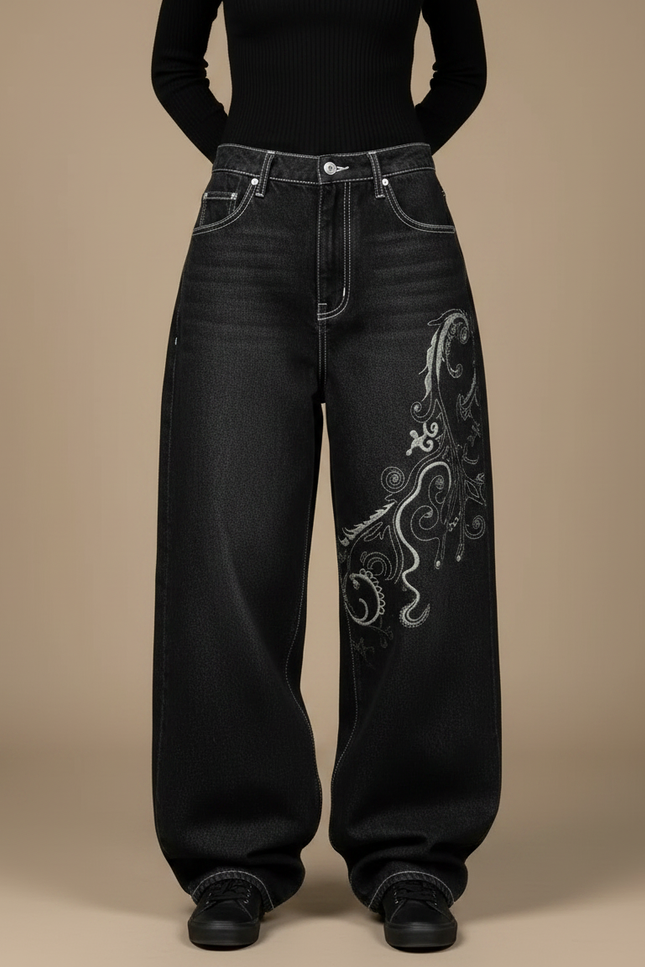 Pantalon Noir Ample Denim Brodé Tribal Femme - Jean - vue 3