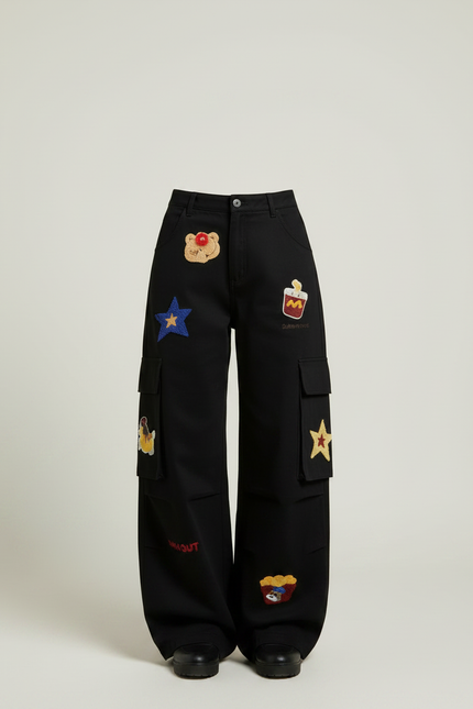 Pantalon Noir Cargo Brodé Ample Décontracté Femme - Toile - vue 3