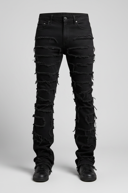 Pantalon Noir Élastique Patchwork Denim Évasé Homme - Jean - vue 3