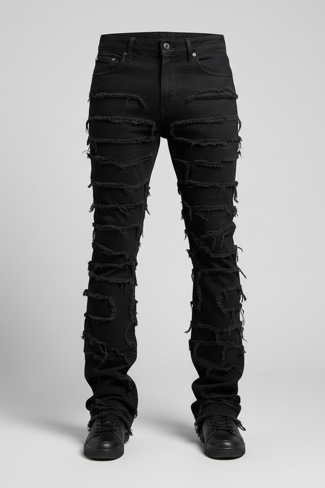 Pantalon Noir Élastique Patchwork Denim Évasé Homme - Jean - vue 3