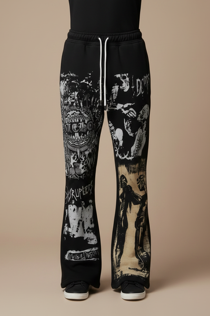 Pantalon Noir Évasé Imprimé Graphique Décontracté Homme - Molleton - vue 3