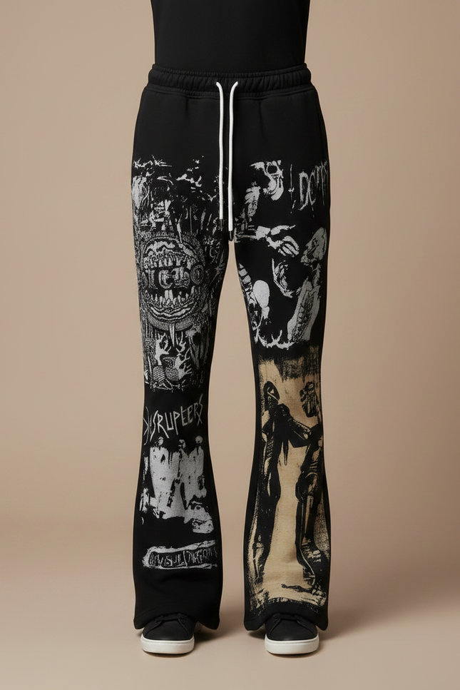 Pantalon Noir Évasé Imprimé Graphique Décontracté Homme - Molleton - vue 3