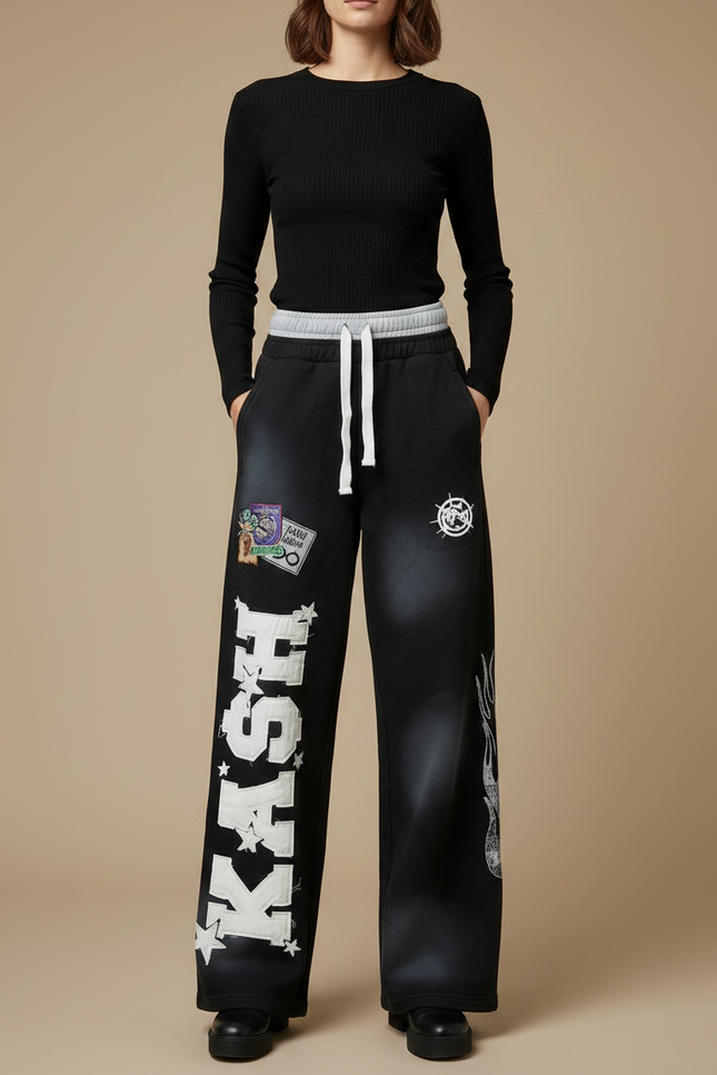 Pantalon Noir Large Imprimé Décontracté Streetwear Femme - Molleton - vue 3