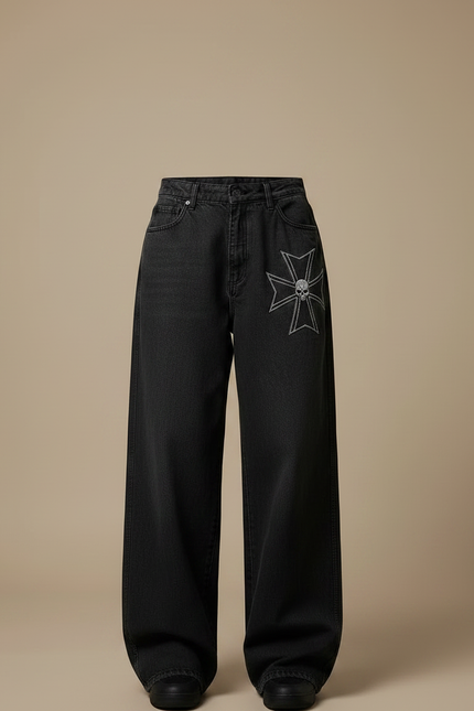 Pantalon Noir Large Brodé Croix Gothique Décontracté - Jean - vue 3