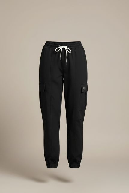 Pantalon Noir Cargo Cordon Femme Décontracté Cheville - Polyester - vue 3